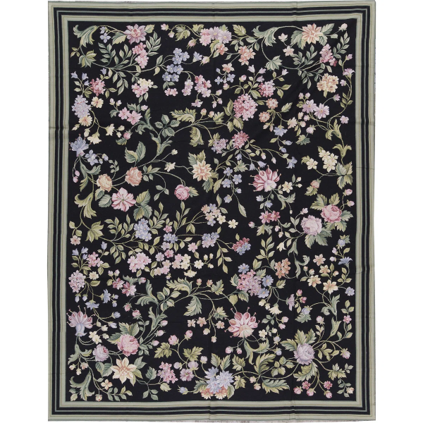 Hand-Knotted High-Quality Black and Light Green Area Rug