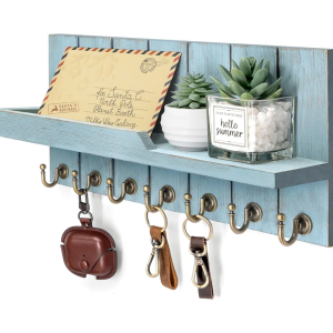 The Modern Farmhouse Key and Mail Holder for Wall with Shelf and 7 Key Hooks for Mail Organizer