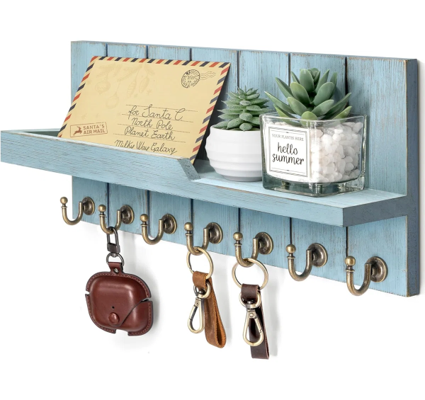 The Modern Farmhouse Key and Mail Holder for Wall with Shelf and 7 Key Hooks for Mail Organizer