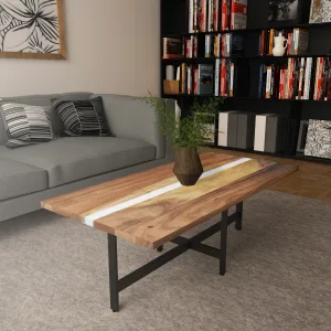 Solid Wood Brown Coffee Table With White Matte Resin Detailing
